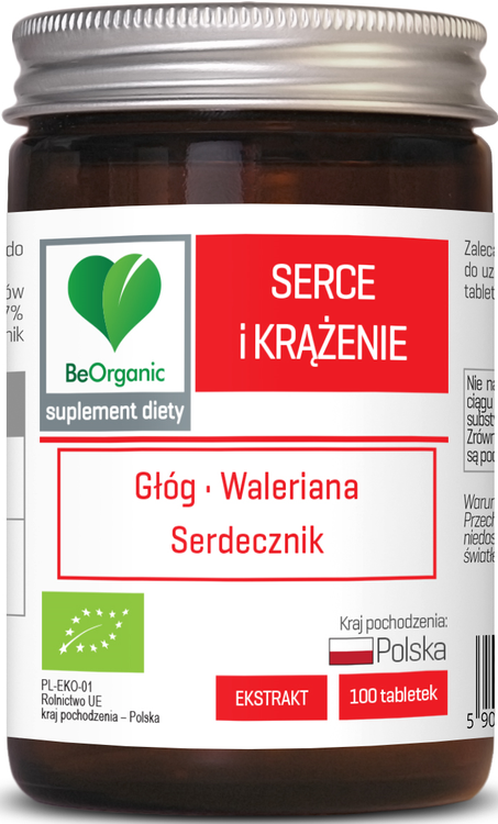 TABLETKI WSPOMAGAJĄCE SERCE I KRĄŻENIE (GŁÓG, WALERIANA, SERDECZNIK) BIO 100 szt. - BE ORGANIC