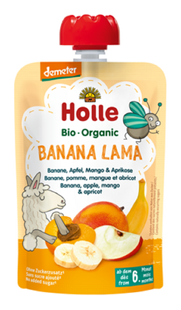 MUS BANANOWA LAMA (BANAN - JABŁKO - MANGO - MORELA) BEZ DODATKU CUKRÓW BEZGLUTENOWA OD 6 MIESIĄCA DEMETER BIO 100 g - HOLLE