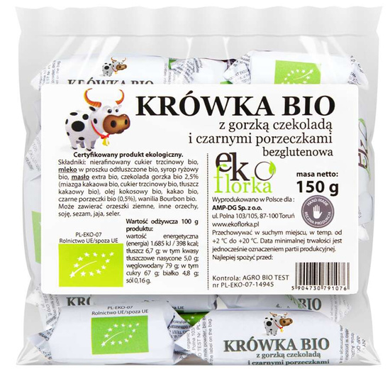 KRÓWKI Z GORZKĄ CZEKOLADĄ I CZARNYMI PORZECZKAMI BEZGLUTENOWE BIO 150 g - EKOFLORKA