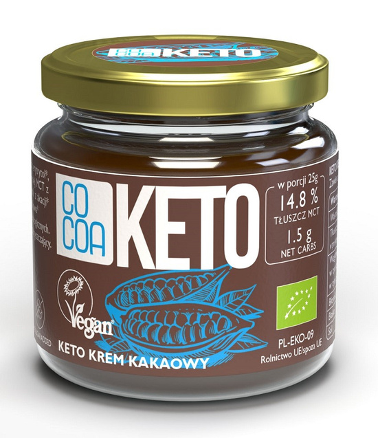 KREM MIGDAŁOWO - KAKAOWY Z OLEJEM MCT BEZ DODATKU CUKRÓW BEZGLUTENOWY KETO BIO 200 g - COCOA