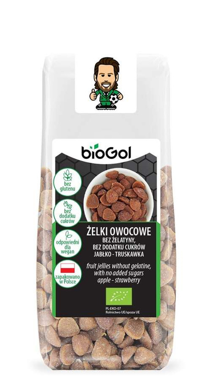 ŻELKI OWOCOWE BEZ ŻELATYNY, BEZ DODATKU CUKRÓW JABŁKO - TRUSKAWKA BEZGLUTENOWE BIO 90 g - BIOGOL