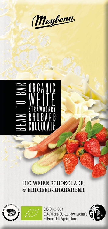 CZEKOLADA BIAŁA Z TRUSKAWKAMI I RABARBAREM BIO 100 g - MEYBONA